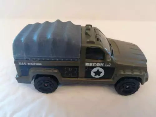 Diecast army troop carrier truck toy, blue cab and olive cargo with side markings