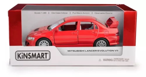 Red diecast car model with open door, Mitsubishi Lancer Evolution VII, 1:36 scale