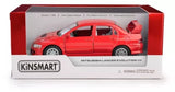 Red diecast car model with open door, Mitsubishi Lancer Evolution VII, 1:36 scale