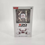 Syma X20 pocket drone in retail box, white quadcopter with four propellers