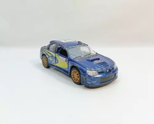1:36 diecast rally car model, blue with green and yellow stripes