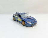 1:36 diecast rally car model, blue with green and yellow stripes