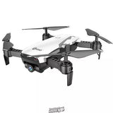 White quadcopter drone with front camera and four foldable propellers