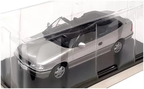 Silver 1/24 diecast convertible model with black soft top and open cabin.