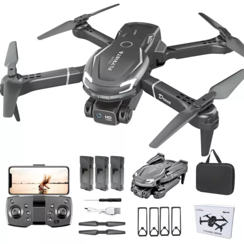 Gray mini quadcopter drone with 4 propellers and built-in camera, plus controller and parts