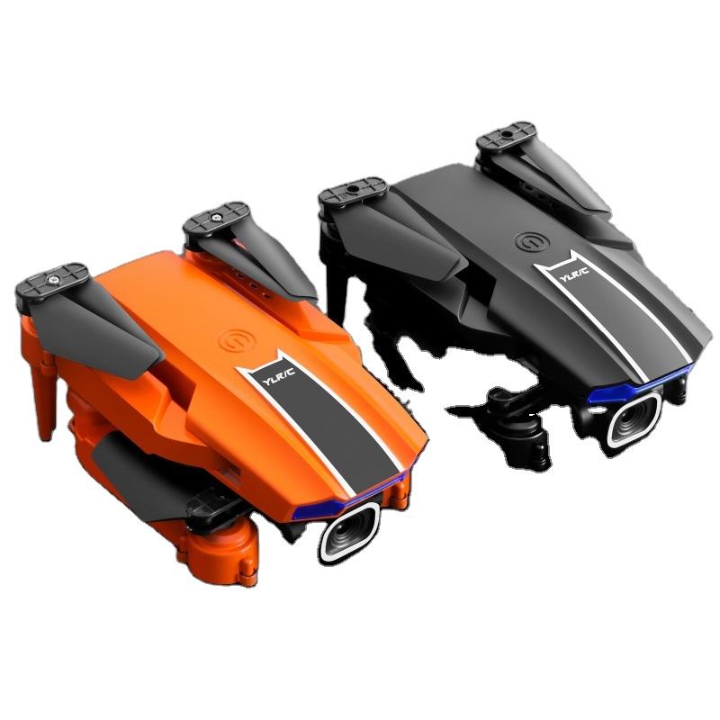 Mini collapsible remote control drone, orange and black with blue light