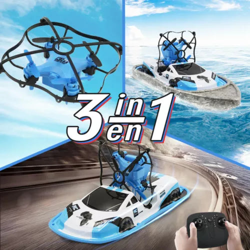 3-in-1 mini 2.4G RC boat drone, blue and white with four propellers