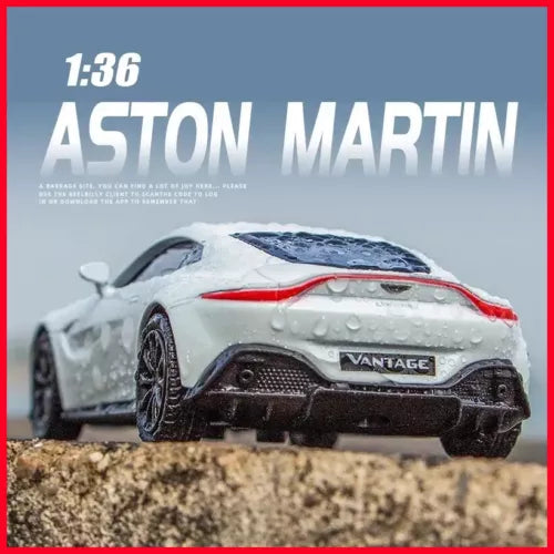 1:36 diecast Aston Martin Vantage toy car, white with red stripe, front