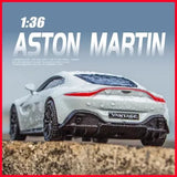 1:36 diecast Aston Martin Vantage toy car, white with red stripe, front