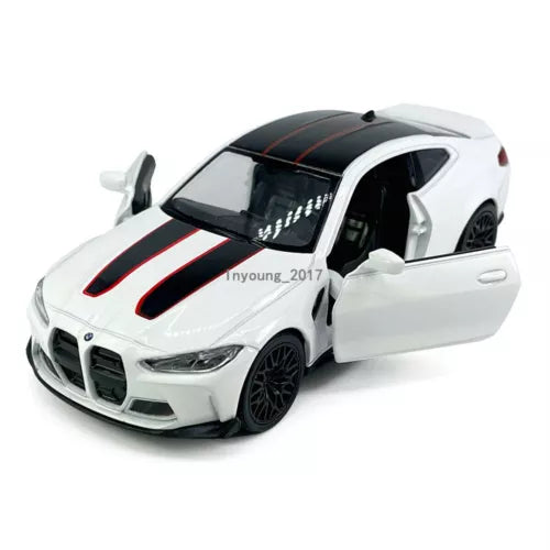 1:36 white diecast pull-back model car, front view with open door, black wheels