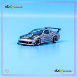 1:64 diecast toy car, gray with blue hood graphics and black wheels