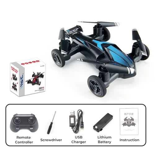 Mini RC drone set with remote controller, charger, and lithium battery (black/blue).