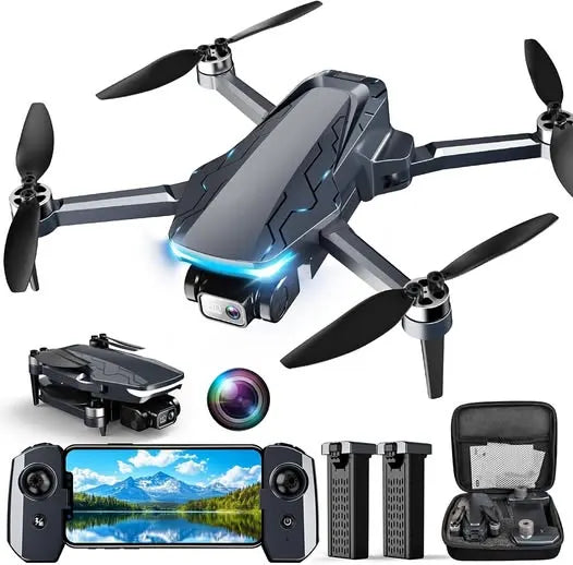 Gray quadcopter drone with camera, four propellers, controller, batteries, and carrying case