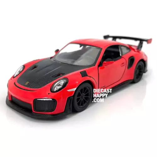 Red diecast sports car model with black hood, front grille, and headlights.