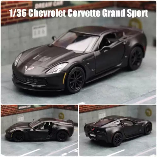 1:36 Chevrolet Corvette Grand Sport diecast model car, dark gray coupe, front 3/4 view