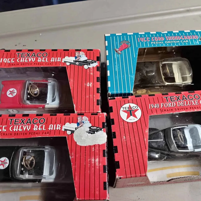 Texaco diecast toy car in window display box, red and blue packaging
