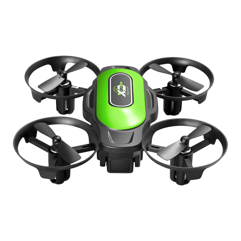 Mini quadcopter drone with four propellers and green top controller module