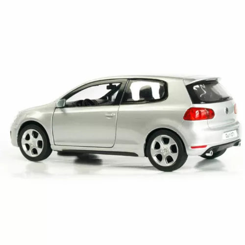 Silver diecast hatchback model car with red taillights and black wheels