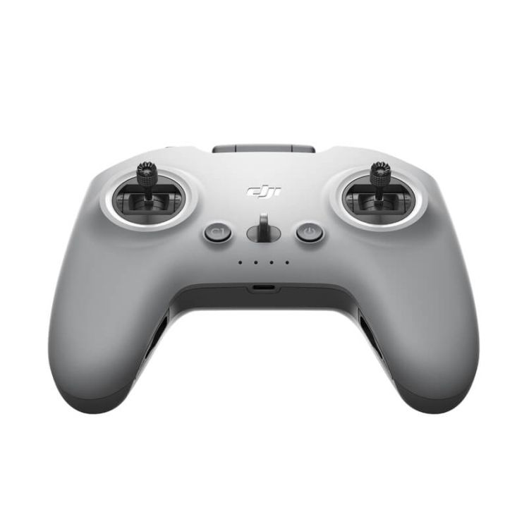 White FPV remote controller with dual thumb sticks and center button cluster