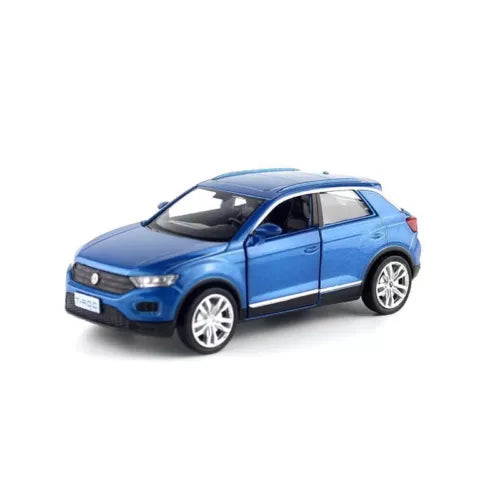 Blue metal diecast SUV toy car, front three-quarter view, detailed wheels