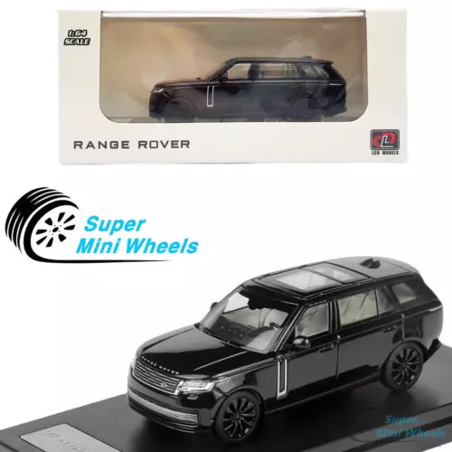 Black Range Rover diecast model SUV toy, front 3/4 view on base