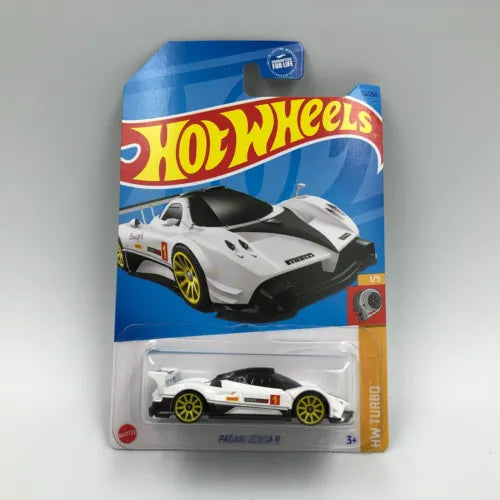 Diecast model car in retail blister, white and black Pagani Zonda R with yellow wheels