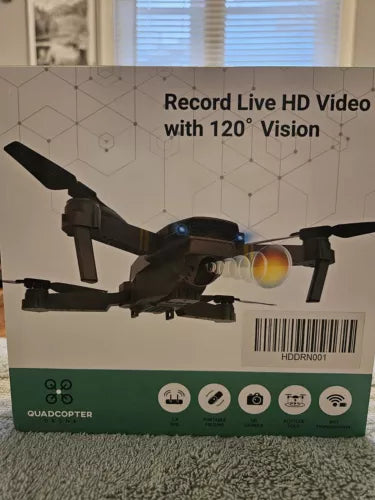 Quadcopter drone with front camera and four propeller arms
