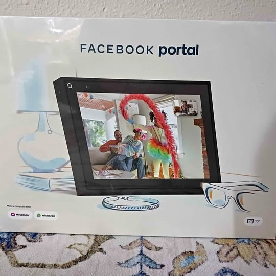 Facebook Portal smart display with stand, showing a colorful video scene on screen