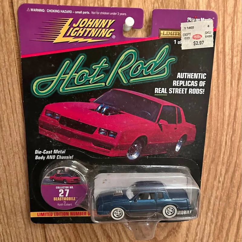 Die-cast car model in Johnny Lightning Hot Rods blister pack, blue car visible