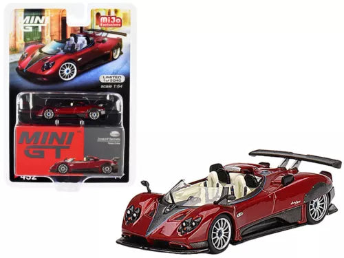 Mini GT red Pagani Zonda HP Barchetta 1:64 diecast model, open-top roadster