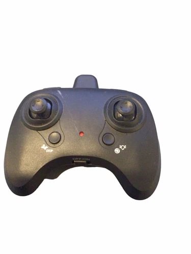RC mini drone remote controller with dual joysticks, buttons, and indicator light