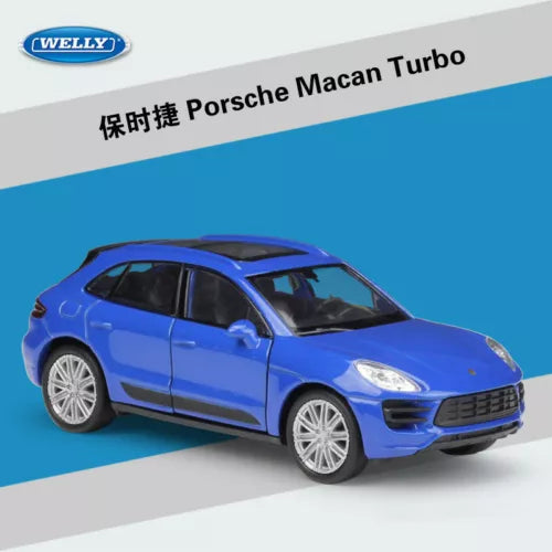 Welly 1:36 Porsche Macan Turbo diecast pullback model car, blue, front 3/4 view