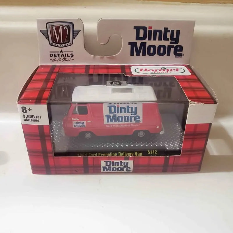Red and white diecast delivery van in box with Dinty Moore branding