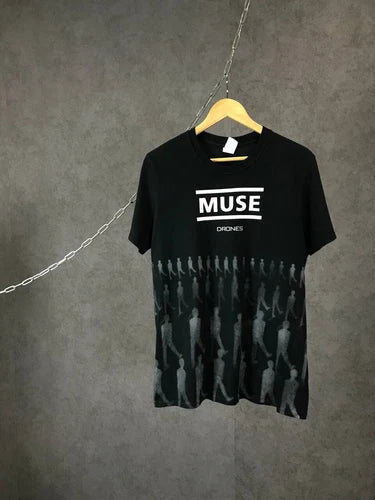 Black Muse Drones band T-shirt with front MUSE logo and drone silhouette graphic
