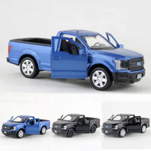1/36 blue Ford F-150 diecast toy pickup truck with open driver door, front angle