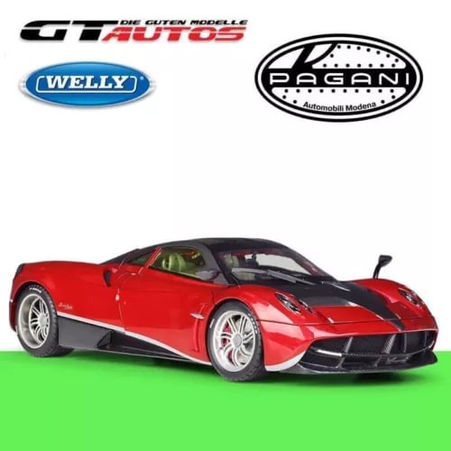 Red Pagani Huayra diecast model car, front 3/4 view with detailed wheels.