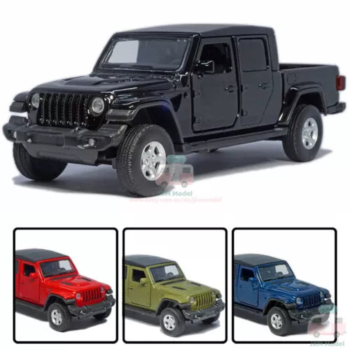 1:36 scale black Jeep diecast pickup model car, front three-quarter view with chrome wheels