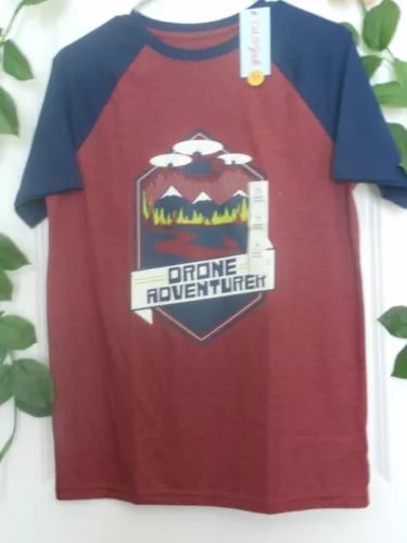 Boys short sleeve adventure shirt, maroon with navy sleeves and drone graphic