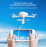 White quadcopter RC drone with smartphone controller in hands