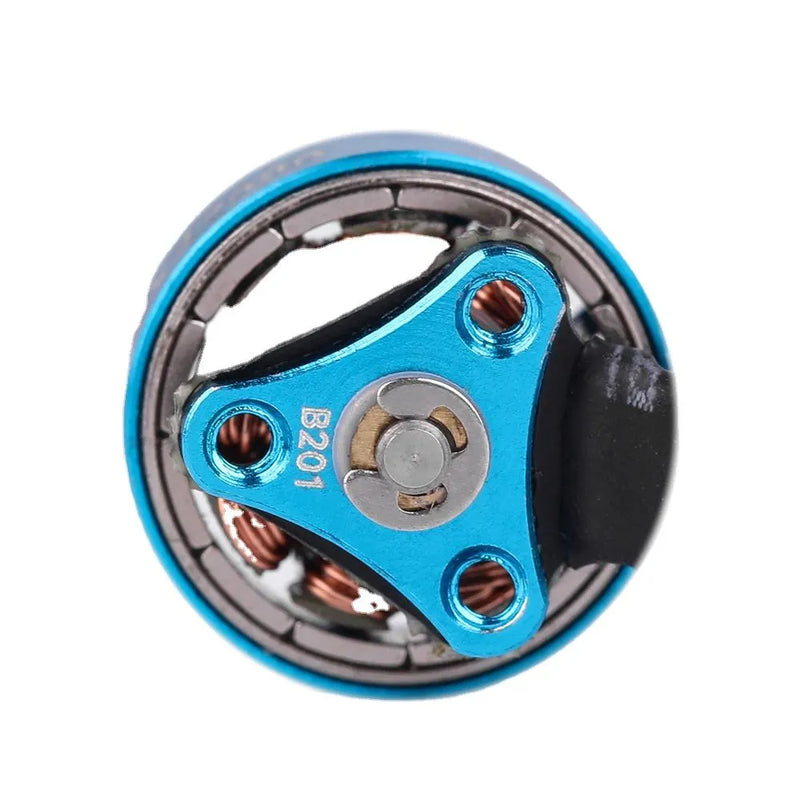 Brushless FPV motor with blue aluminum mount plate and four screw holes
