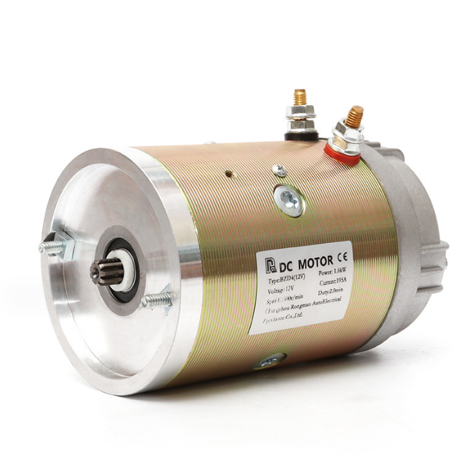 Geared DC motor with cylindrical metal housing, connector terminals and mounting label