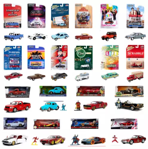 Assorted diecast car models in colorful retail blister boxes, with small figures