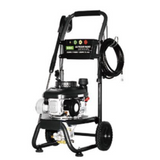 Gas high-pressure washer with vertical engine, hose reel, and wheeled frame