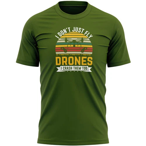 Men's green graphic drone T-shirt with 'I don't just fly' slogan