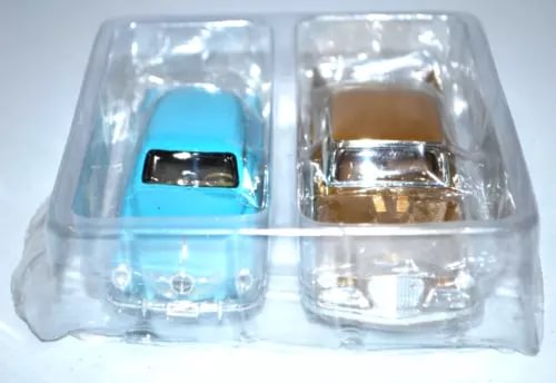 Diecast car set in clear box, blue and gold cars with chrome details