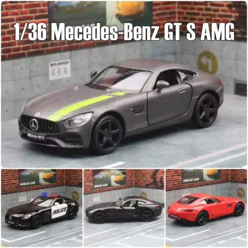 Grey alloy diecast model car with neon yellow racing stripe and black wheels