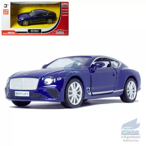 Blue diecast toy model car, front three quarter view with Bentley grille detail