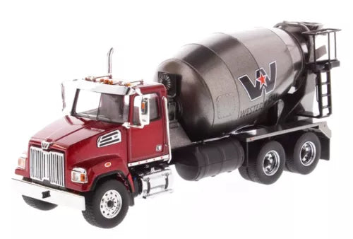 Diecast concrete mixer truck with red cab and dark mixing drum