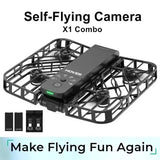 Pocket-sized self-flying camera drone with black protective cage and control panel