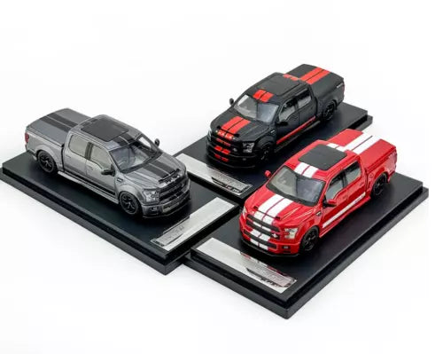 1:64 alloy diecast Ford F-150 Shelby pickup truck models, gray, black, red on bases